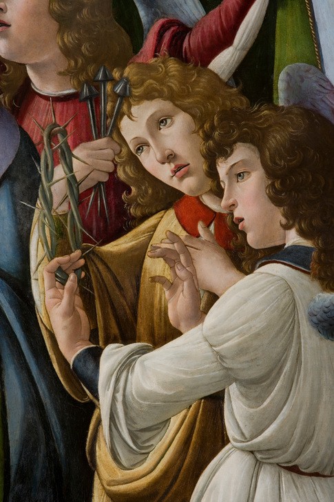 Sandro Botticelli, Maria mit Kind und sechs Engeln (Christentum, Engel, Neues Tesament, Maria, Krone, Jesus Christus, Jesuskind, Leidenswerkzeuge, Religion,   Renaissance, Klassiker, Schlafzimmer, Wohnzimmer, Wunschgröße, Ausschnitt, Detail,  bunt)