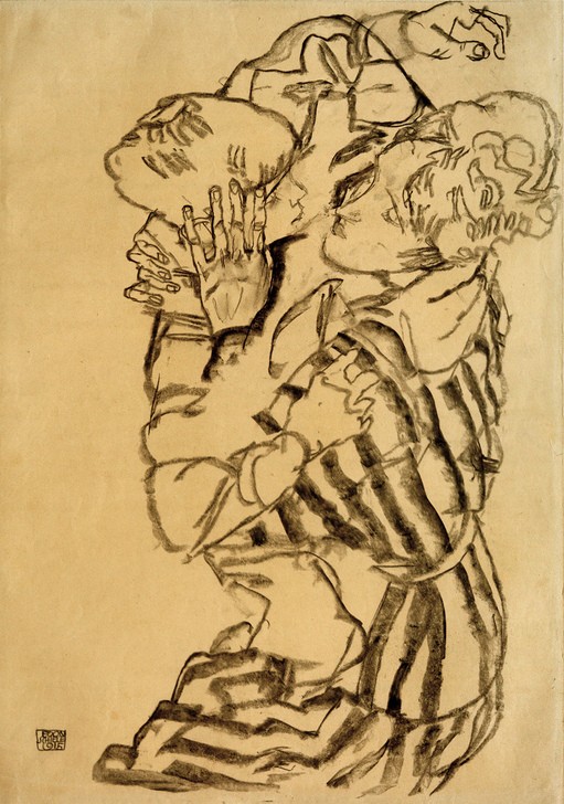 Egon Schiele, Edith Schiele und Neffe (Frau,Kind,Maler (Künstler),Zeichner,Ehefrau Von Berühmten,Expressionismus,Künstlerfrau,Umarmung,Kleid,Knabe,Neffe,Tante,Streifen,Person)