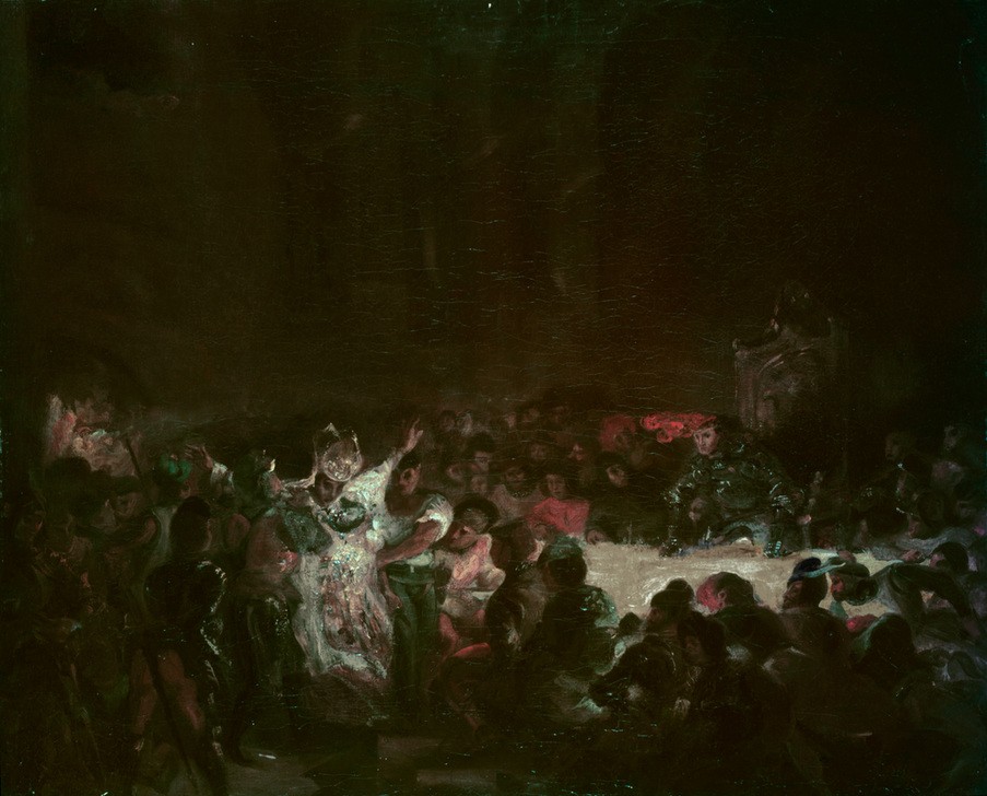 Eugene Delacroix, L'Assassinat de l'évêque de Liège (Bankett,Enthaupten,Festmahl,Bischof,Kunst,Literatur,Szene,Nacht,Kerze (Licht),Mord,Gewalt,Brutalität,Gefangennahme)