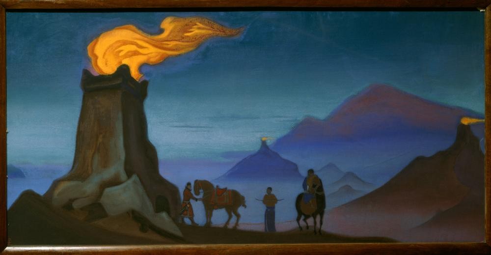 Nikolai Konstantinowitsch Roerich, Flamme des Sieges (Fernmeldeturm,Fernmeldewesen,Feuer,Krieg,Kunst,Militär,Sowjetische Kunst,Turm,Sieg (Erfolg),Russische Kunst,Signalfeuer,Signal (Zeichen))