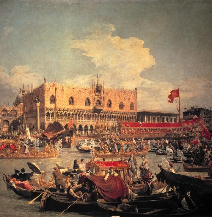 Giovanni Antonio Canaletto, Die Rückkehr des Bucentaurs (Feste,  Zeremonie, Bucintauro,  Prunkschiff, Staatsschiff, Doge, Venedig, Städte, Italien, Paläste, Architektur, Barock, Vedute, Klassiker, Wunschgröße, Wohnzimmer)