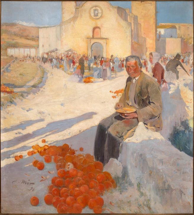 Joaquim Mir, Der Orangenverkäufer (Markt, Obst, Stadt, Kirche, Kirxhplatz, Platz, Verkäufer, Orangen, Sonnenlicht, Post-Modernisme, Malerei, Klassische Moderne, Wunschgröße, Wohnzimmer, Treppenhaus, bunt)