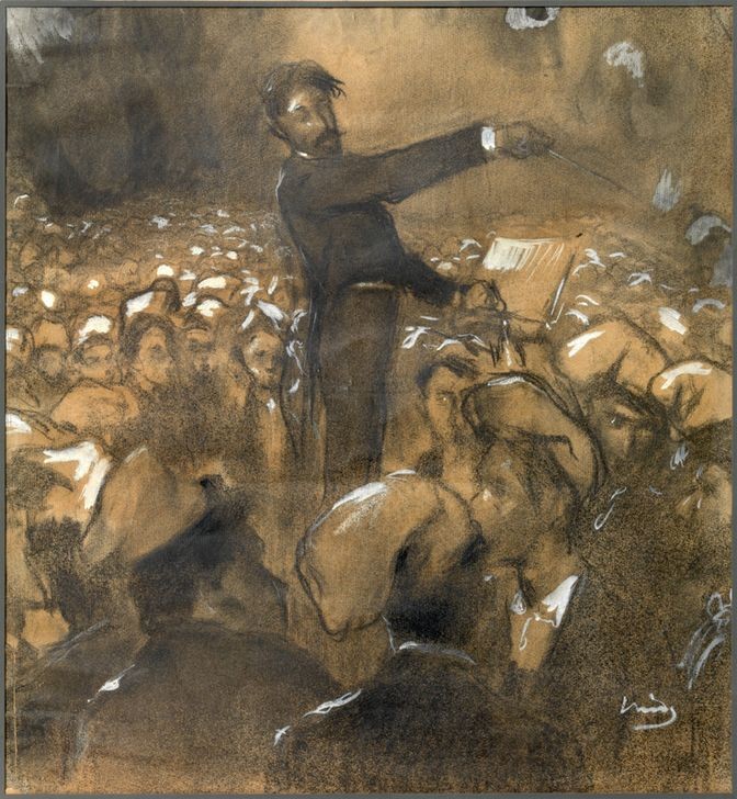 Joaquim Mir, El maestro Morera. Orfeó Catalá (Dirigent, Konzert, Chor, Musik, Studie, Zeichnung, Katalanische Kunst, Post-Modernisme, Malerei, Klassische Moderne, Wunschgröße, Wohnzimmer, Treppenhaus, bunt)