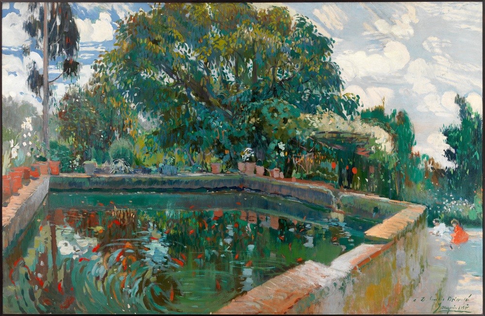 Joaquim Mir, La alberca de Can Pau Segimon (Garten, Park, Bäume, Wasserbecken, Brunnen, Katalanische Kunst, Post-Modernisme, Malerei, Klassische Moderne, Wunschgröße, Wohnzimmer, Treppenhaus, bunt)