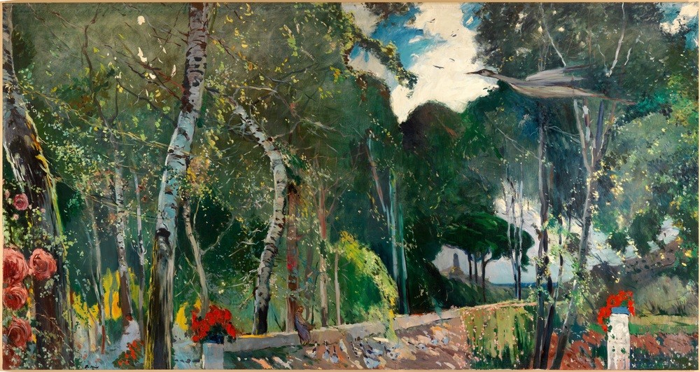 Joaquim Mir, El Mas Blau (Landschaft, Bäume, Park, Garten, Birken, Blumen, Rosen, Vögel, Katalanische Kunst,  Post-Modernisme, Malerei, Klassische Moderne, Wunschgröße, Wohnzimmer, Treppenhaus, bunt)