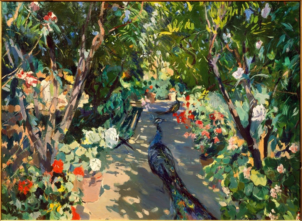 Joaquim Mir, Garten der Casa Mir (Garten, Park, Pfau,Bäume, Blumen, Pfau, Vogel, Katalanische Kunst,  Post-Modernisme, Malerei, Klassische Moderne, Wunschgröße, Wohnzimmer, Treppenhaus, bunt)