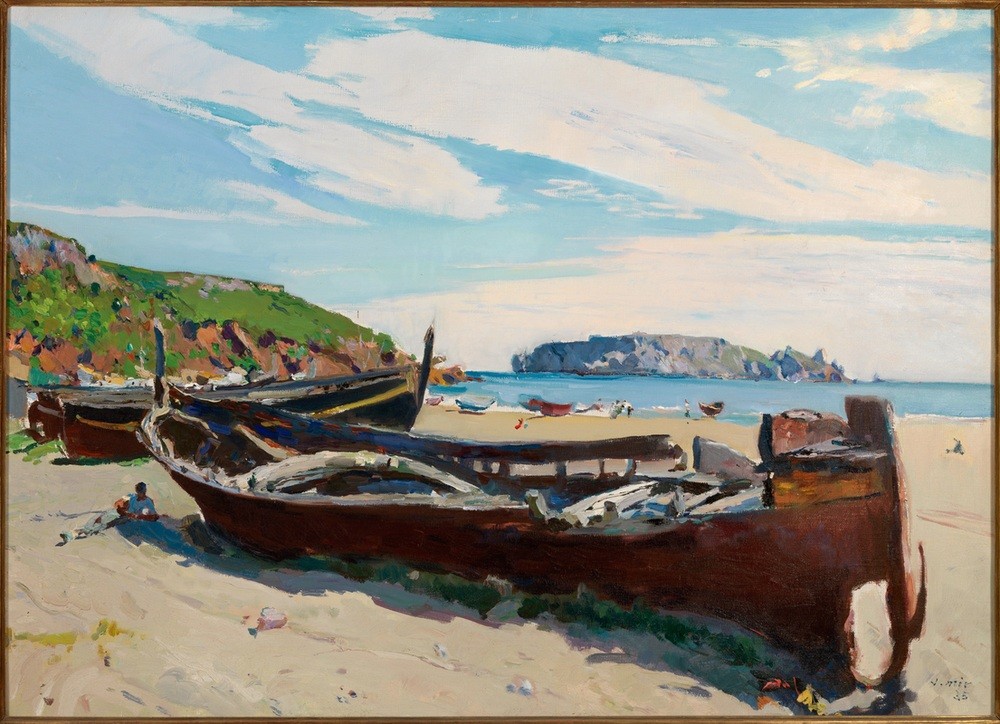Joaquim Mir, Was übrig bleibt (Boot, Kahn, Wrack, Küste, Strand, Sand, Landschaft, Marine, Meer, Katalanische Kunst,  Post-Modernisme, Malerei, Klassische Moderne, Wunschgröße, Wohnzimmer, Treppenhaus, bunt)