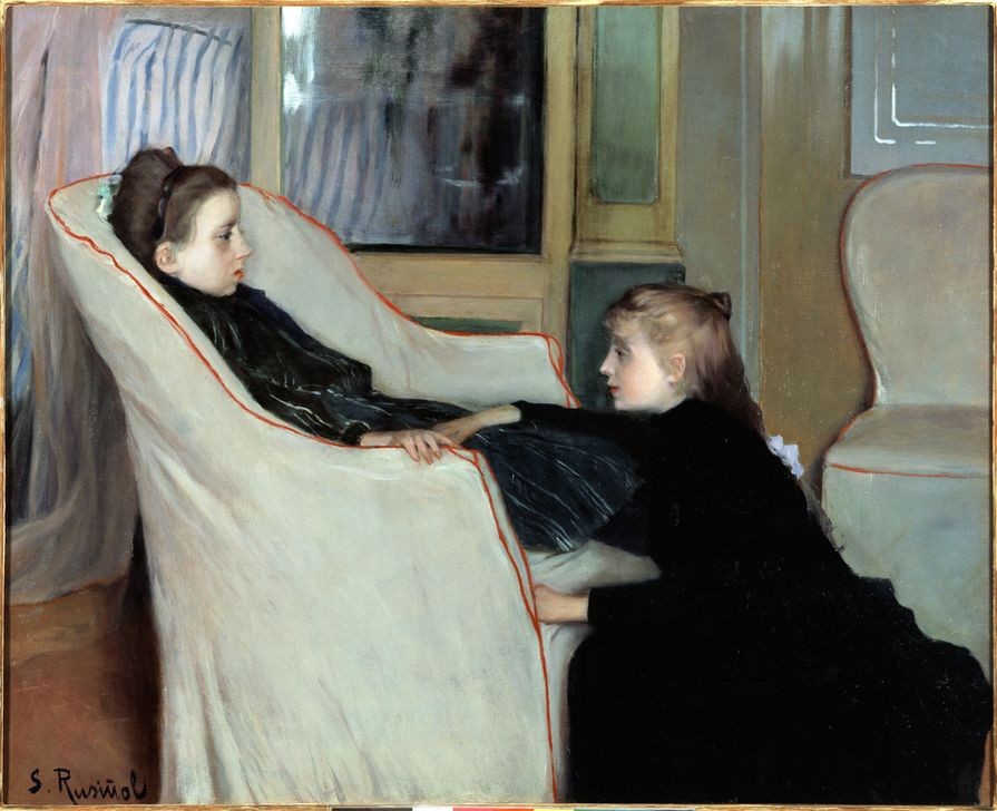 Santiago Rusinol, La convalescent (Kind,Krankheit,Spanische Kunst,Trost,Naturalismus,Katalanische Kunst,Sitzen,Malen,Knien,Raum)