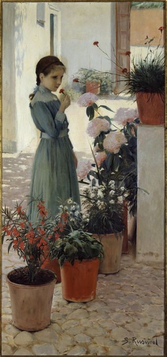 Santiago Rusinol, Blumen. Das Mädchen mit der Nelke (Kind,Mädchen,Portrait,Nelke,Spanische Kunst,Topf,Katalanische Kunst,Blume,Malen,Blumentopf,Patio)