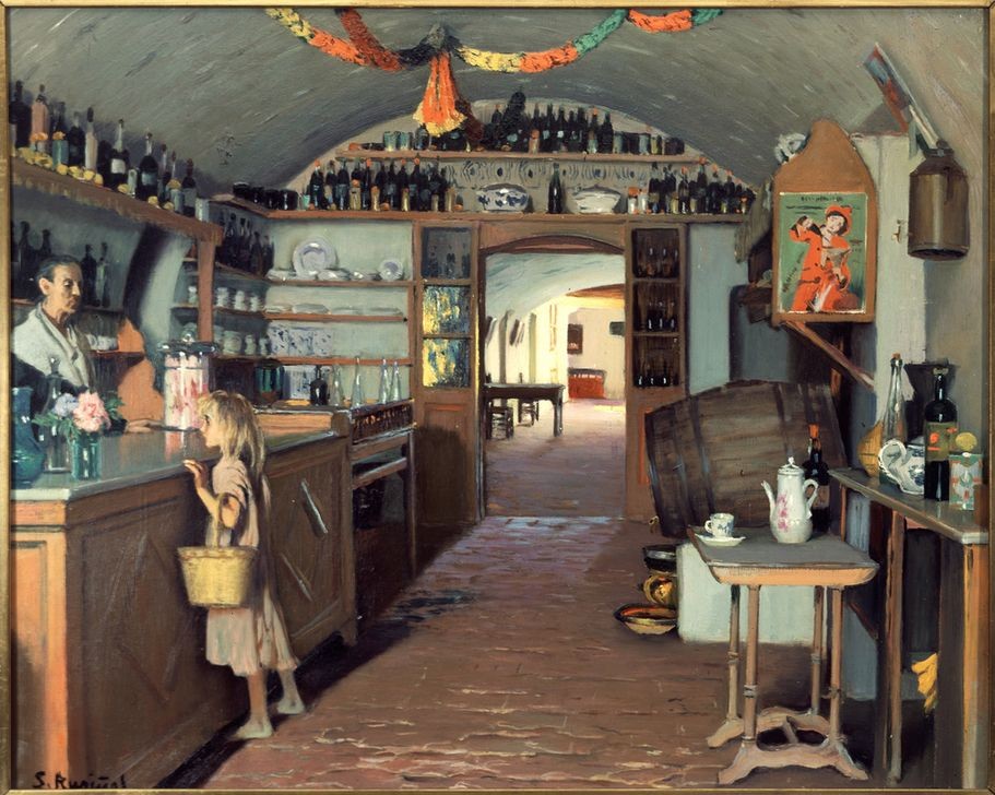 Santiago Rusinol, Die kleine Taverne (Bar,Kind,Mädchen,Restaurant,Interieur,Spanische Kunst,Kneipe,Innenansicht,Katalanische Kunst,Malen,Restaurant,Lokal,Cafe,Kneipe,Theke (Lokal),Taverne)