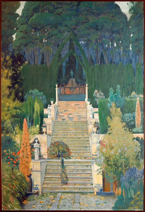 Santiago Rusinol, Herrschaftlicher Garten. Raixa II (Landschaft,Park,Treppe,Pfau,Baum,Spanische Kunst,Katalanische Kunst,Malen,Garten)