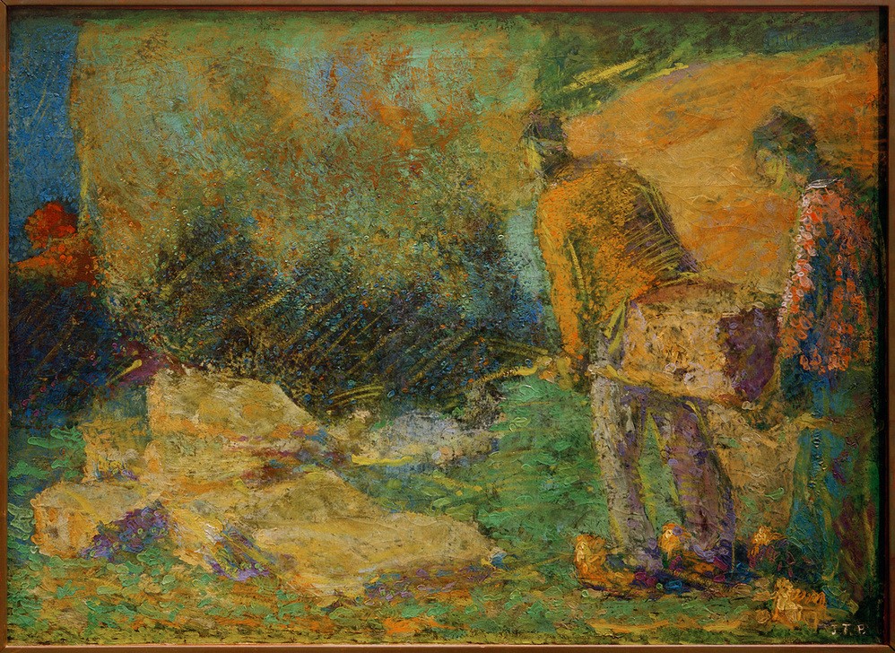 Johan Thorn Prikker, Die Steinträger (Arbeiter,Arbeit,Architektur,Kunst,Landschaft,Mann,Mensch,Transport,Stein,Impressionismus,Bauarbeiter,Niederländische Kunst,Holländische Kunst,Träger,Tragen,Lastträger,Trage,Bauarbeiten,Deutscher Werkbund,Männerleben,Signatur)