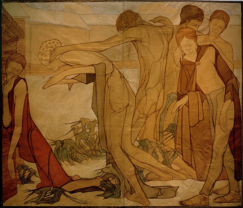 Johan Thorn Prikker, Die Blinden (Augenheilkunde,Frau,Gruppenbild,Jugendstil,Kunst,Mann,Medizin,Mensch,Blindheit,Behinderte,Niederländische Kunst,Holländische Kunst,Behinderter,Halbakt,Jahrhundertwende,Braun,Deutscher Werkbund,Körperhaltung,Behinderung,Orientierung,Bewegung,Farbe)