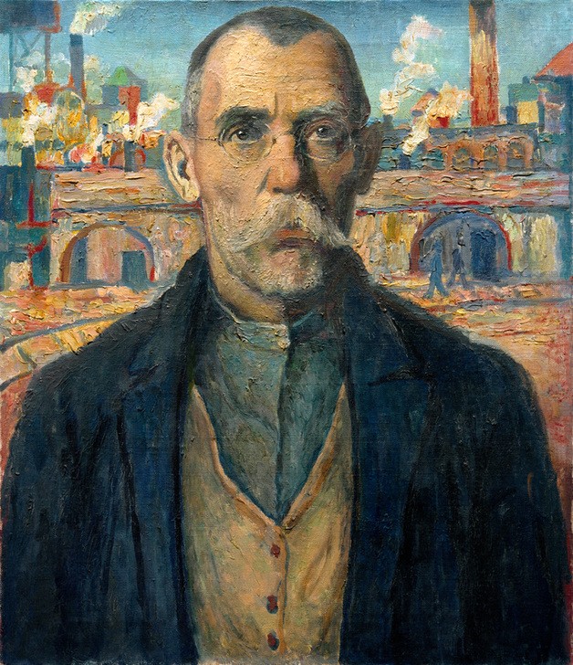 Kasimir Malewitsch, Vorarbeiter (Arbeiter,Arbeit,Brille,Fabrikarbeit,Gesellschaft,Kunst,Mann,Sowjetische Kunst,Soziales,Volkskunde,Wirtschaft (Ökonomie),Bart,Schnurrbart,Portrait,Fabrik,Russische Kunst,Ukrainische Kunst,Brustbild,Vorarbeiter,Land Und Leute)