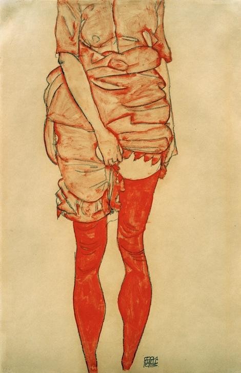 Egon Schiele, Stehende Frau in Rot (Erotik,Frau,Mensch,Strumpf,Portrait,Expressionismus,Österreichische Kunst,Kleid,Damenstrumpf,Beine,Rot)