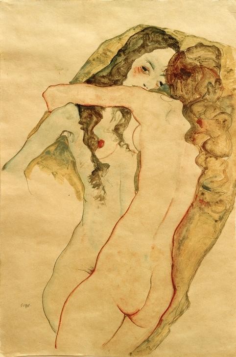 Egon Schiele, Zwei sich umarmende Frauen (Erotik,Frau,Liebe,Pornographie,Liebespaar,Lesbische Liebe,Homosexualität,Akt,Expressionismus,Umarmung,Rückenakt,Österreichische Kunst,Sexualität,Langes Haar,Junge Frau)