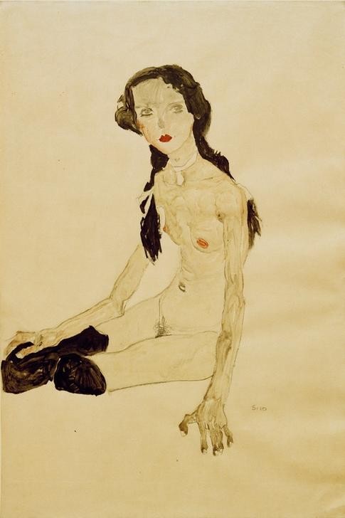 Egon Schiele, Sitzendes Mädchen mit Pferdeschwanz (Erotik,Frau,Mädchen,Strumpf,Akt,Expressionismus,Österreichische Kunst,Schamhaar,Damenstrumpf,Sitzen,Schwarze Haare,Junge Frau)