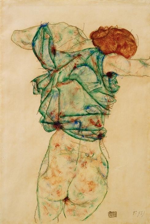 Egon Schiele, Sich entkleidende Frau (Frau,Akt,Expressionismus,Rückenakt,Rückenfigur,Österreichische Kunst,Halbakt,Entkleiden)