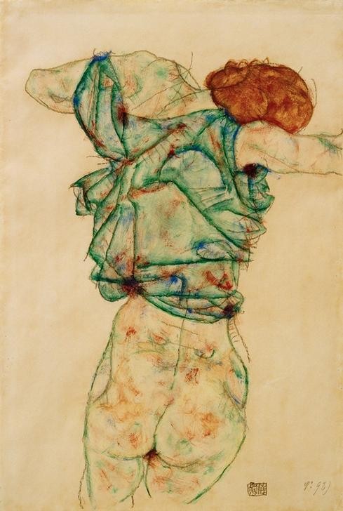 Egon Schiele, Sich entkleidende Frau (Frau,Akt,Expressionismus,Rückenakt,Rückenfigur,Österreichische Kunst,Halbakt,Entkleiden)
