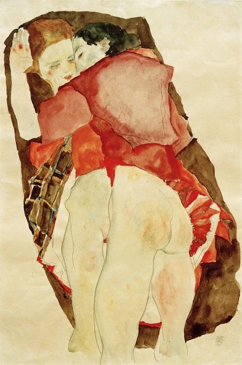 Egon Schiele, Zwei Mädchen (Erotik,Frau,Liebe,Pornographie,Liebespaar,Mädchen,Lesbische Liebe,Homosexualität,Expressionismus,Umarmung,Österreichische Kunst,Sexualität,Halbakt,Junge Frau)