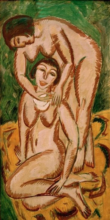 Ernst Ludwig Kirchner, Zwei weibliche Akte im Hochformat (Deutsche Kunst,Frau,Freundschaft (Allgemein),Kunst,Mensch,Lesbische Liebe,Akt,Portrait,Expressionismus,Umarmung,Die Brücke,Im Freien (Allgemein),Frauenleben,Doppelportrait,Ganzfigurig,Freundin)