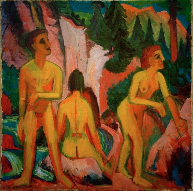 Ernst Ludwig Kirchner, Badende (Körperpflege,Bad Im Freien,Bad,Deutsche Kunst,Freikörperkultur,Frau,Gebirge,Gewässer,Gruppenbild,Kunst,Landschaft,Mann,Mensch,Freizeit,Wald,Akt,Expressionismus,Die Brücke,Bach,Im Freien (Allgemein),Nacktheit,Ganzfigurig)