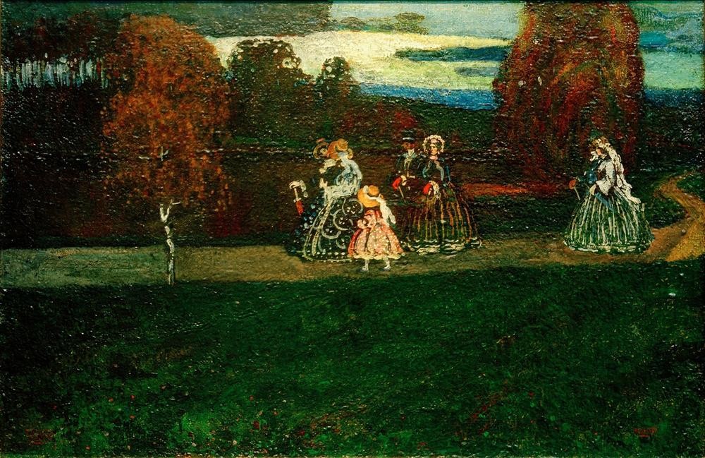 Wassily Kandinsky, Promenade (Familie,Gesellschaftliches Leben,Gesellschaft,Kunst,Landschaft,Freizeit,Spaziergang,Tageszeiten,Abend,Reise,Der Blaue Reiter,Russische Kunst,Familienleben,Jahrhundertwende,Promenade)