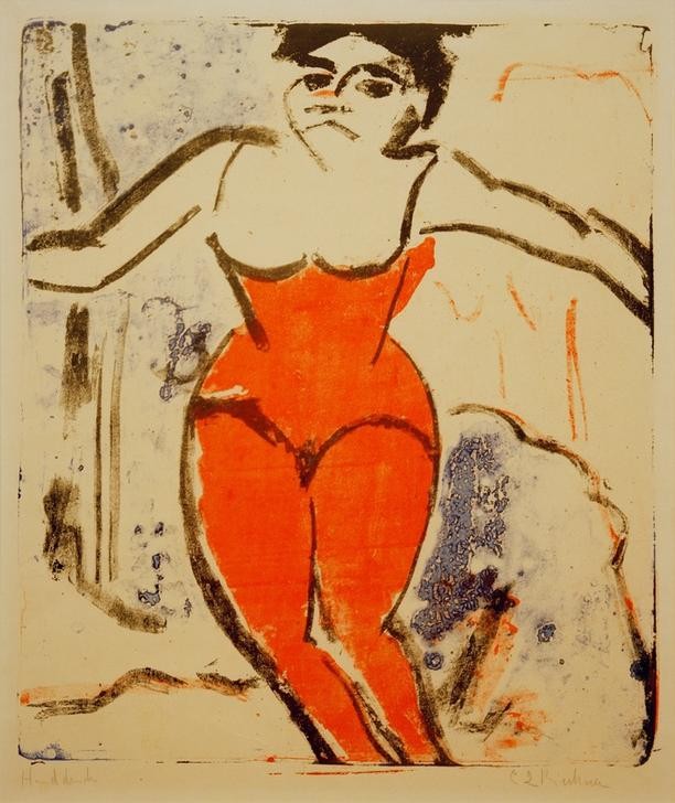 Ernst Ludwig Kirchner, Beifall heischende Artistin (Deutsche Kunst,Fahrendes Volk,Frau,Gesellschaft,Kabarett,Kunst,Mensch,Theater,Variete (Entertainment),Verbeugung,Zirkus (Theater),Expressionismus,Die Brücke,Akrobatin,Artistin,Akrobatik,Klatschen (Applaus))