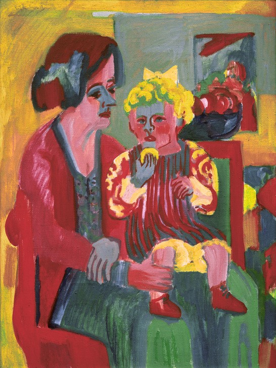 Ernst Ludwig Kirchner, Mädchen mit Kind (Deutsche Kunst,Familie,Frau,Kind,Kunst,Mensch,Mutter Und Kind,Kleinkind,Portrait,Expressionismus,Die Brücke,Haarschleife,Junge Frau,Doppelportrait,Kind Auf Dem Schoss,Farbigkeit,Farbe)