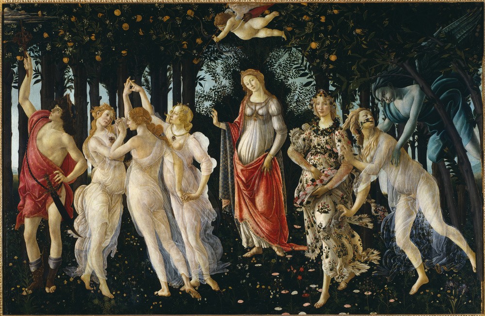 Sandro Botticelli, La Primavera (Botanik,Jahr Und Kalender,Jahreszeiten,Liebe,Mythologie,Reigen (Tanz),Rose,Schlange,Schwert,Tanz,Lorbeer,Nymphe,Renaissance,Frühling,Allegorie,Friede,Italienische Kunst,Göttin,Barfuss,Augenbinde,Harmonie,Antikenrezeption,Hain,Transparenz,Berühmte Kunstwer)