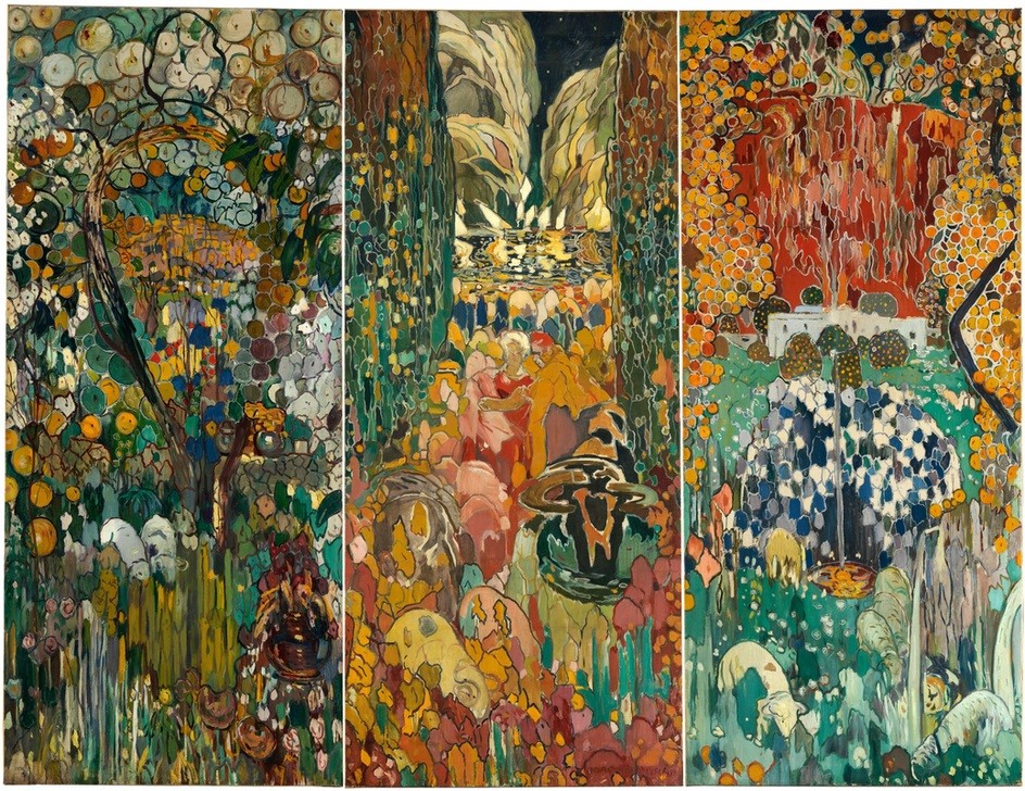 Joaquim Mir, The Gorg Blau (Bozzetto, Triptychon, Katalanische Kunst,  Post-Modernisme, Malerei, Klassische Moderne, Wunschgröße, Wohnzimmer, Treppenhaus, bunt)