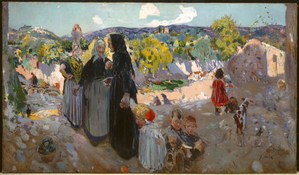Joaquim Mir, El parloteo (Familie, Kinder, alte Frauen, Altagsszene, Gespräche, Sommer, Katalanische Kunst,  Post-Modernisme, Malerei, Klassische Moderne, Wunschgröße, Wohnzimmer, Treppenhaus, bunt)