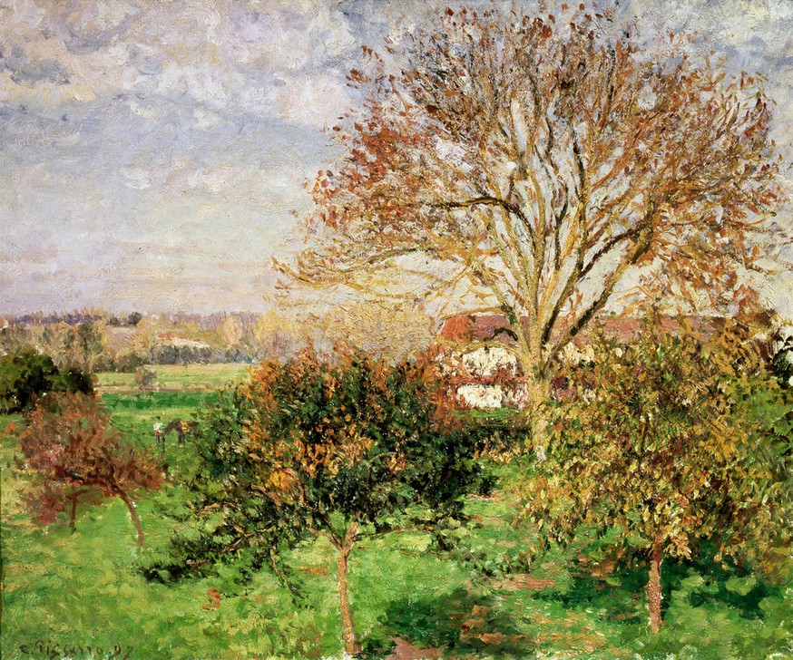Camille Pissarro, Autumn morning at Èragny (Astronomie,Bauernhaus,Bauernhof,Haus,Herbst,Jahreszeiten,Kunst,Landschaft,Sonne,Wissenschaft,Morgen,Impressionismus,Baum,Zeit,Natur,Sonnenschein,Gebäude,Betrieb,Landwirtschaft,Farbe)