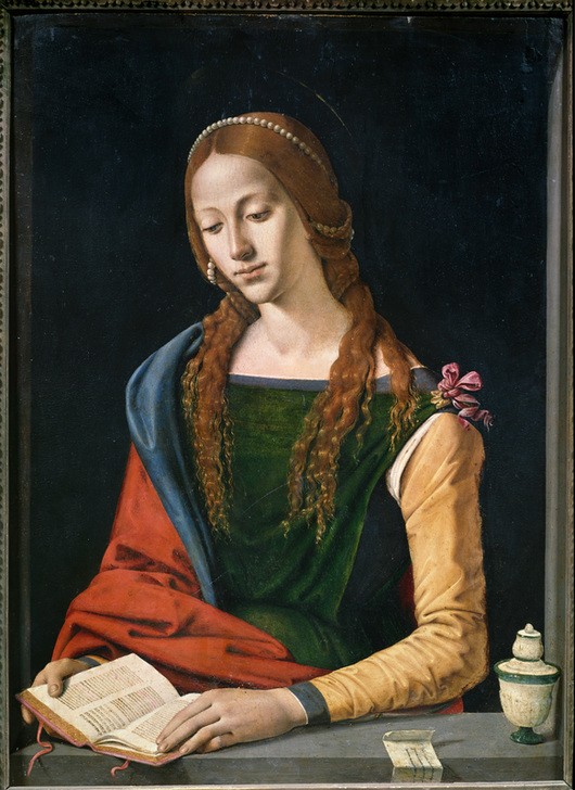 Piero di Cosimo, Maria Magdalena (Buch,Heilige,Kunst,Religion,Renaissance,Bibel,Lesen (Allgemein),Perlenkette,Italienische Kunst,Haarschmuck,Langes Haar,Leserin,Halbfigur,Gesenkter Blick,Frisur)