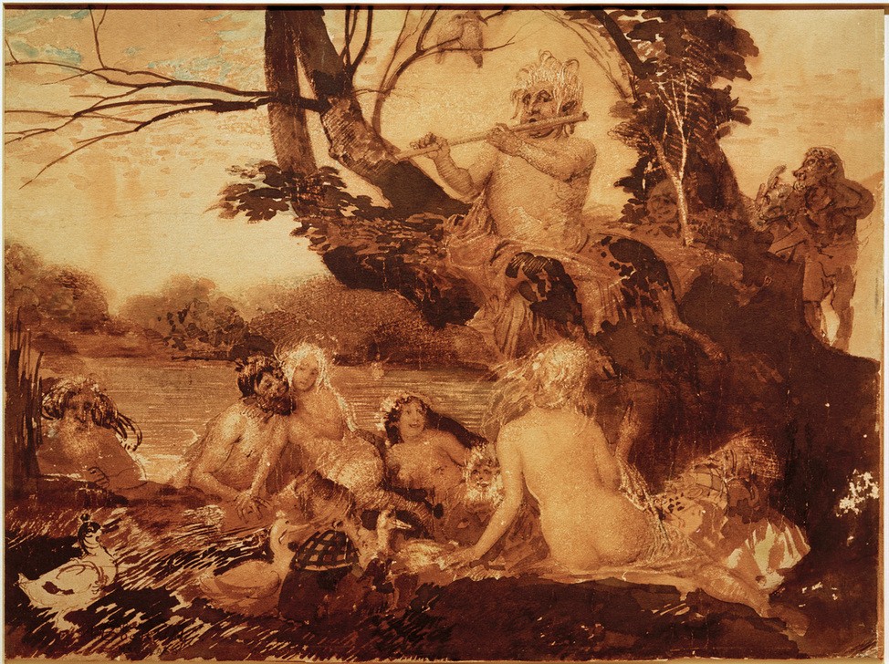 Arnold Böcklin, Nymphen und Satyrn (Blasinstrument,Deutsche Kunst,Gewässer,Kunst,Landschaft,Liebe,Musik,Mythologie,Nymphe,See,Instrument,Akt,Fabelwesen,Satyr,Ente,Rückenakt,Schweizerische Kunst,Sexualität,Deutschrömer,Griechisch-Römische Mythologie,Flöte)