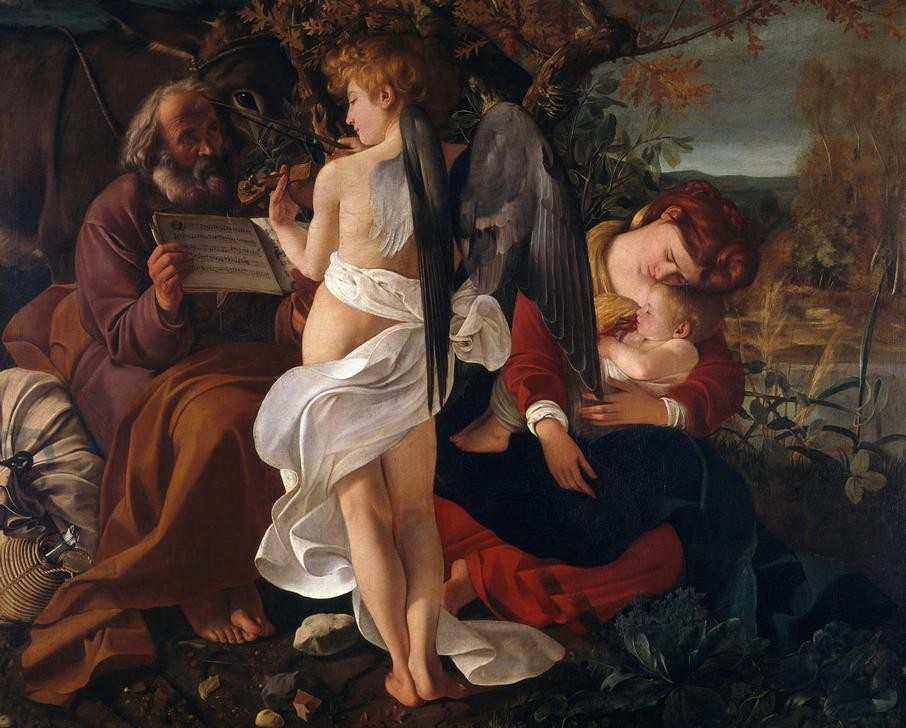 Caravaggio, Ruhe auf der Flucht nach Ägypten (Heilige Familie, Flucht, Rast Ruhe, Engel, Geige, Musik, Notenbuch, schlafende Maria,  Religion, Neues Testament, Bibel, Hell-Dunkel, Barock, Klassiker, Malerei, Wunschgröße, Wohnzimmer)
