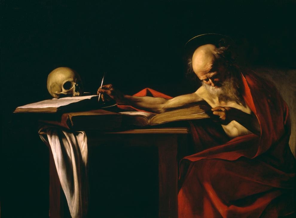 Caravaggio, Der schreibende Hieronymus (Heiliger, Greis, Schädel, Kirchenvater, Totenkopf, Halbakt, Buße, Hell-Dunkel, Barock, Klassiker, Malerei, Wunschgröße, Wohnzimmer)