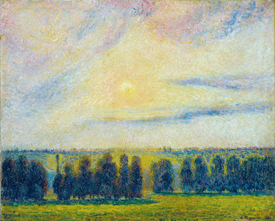 Camille Pissaro, Sunset at Èragny, 1890 (Herbst,Jahreszeiten,Sonnenuntergang,Impressionismus,Baum,Wiese,Poesie,Feld,Natur)