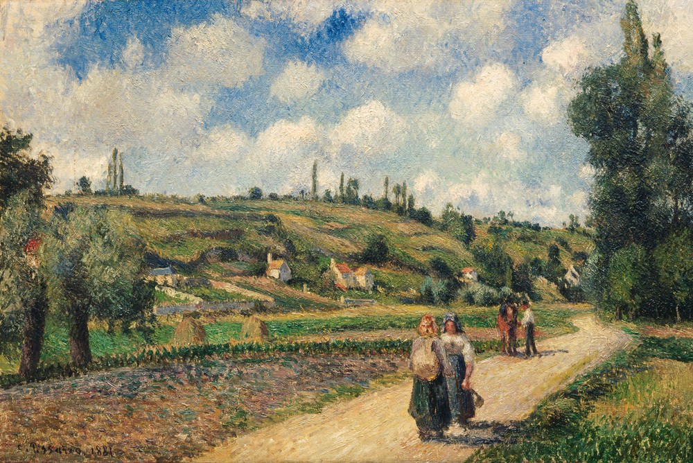 Camille Pissaro, Landscape near Pontoise, the Auvers Road, 1881 (Jahreszeiten,Sommer,Wasser,Wolke,Sonne,Impressionismus,Fluss,Baum,Poesie,Feld,Beleuchtung,Natur)