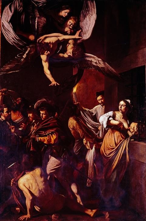 Caravaggio, Die sieben Werke der Barmherzigkeit (Engel, Wohltätigkeit, Maria, Kind, Tugend ,Neues Testament, Bibel, Barmherzigkeit, Fremde Beherbergen, Hungrige Speisen,Gefangene besuchen, Hell-Dunkel, Barock, Klassiker, Malerei, Wunschgröße, Wohnzimmer)