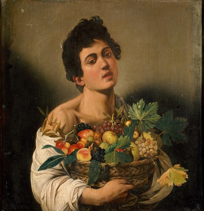 Caravaggio, Junge mit Früchtekorb (Jüngling, junger Mann, lasziv, Obstkorb, Früchte, üppig, Ernte, Hell-Dunkel, Barock, Klassiker, Malerei, Wunschgröße, Wohnzimmer, Esszimmer)