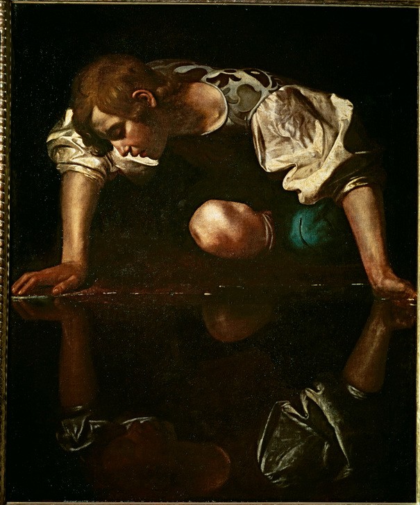 Caravaggio, Narziss (Mythologie, Jüngling, Schönling, Spiegelbild, Selbstverliebt, Psychologie,  Narzissmus,Hell-Dunkel, Barock, Klassiker, Malerei, Wunschgröße, Wohnzimmer)