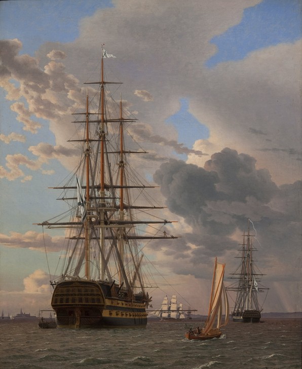 Christoffer-Wilhelm Eckersberg, The Russian Ship of the Line Azov and a Frigate at Anchor in the Roads of Elsinore, 1828 (Boot, Fregatte, Korvette, Marinemalerei, Schiff, Meer, Dänemark, maritim, Klassizismus, Wunschgröße, Klassiker, Wohnzimmer,)