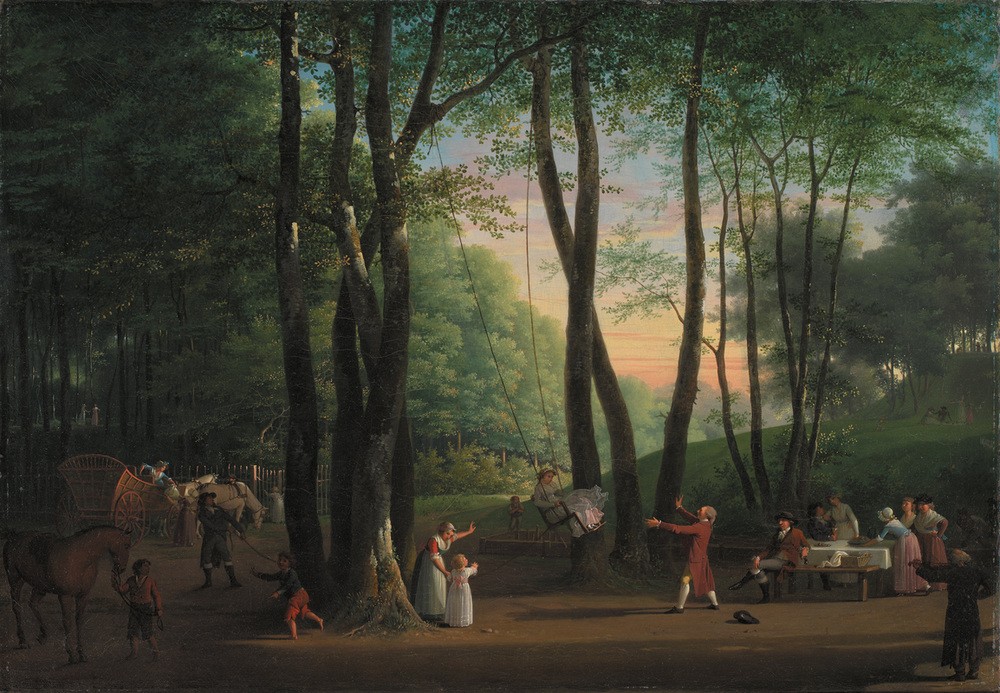 Jens Juel, Die Tanzfläche in Sorgenfri, nördlich von Kopenhagen (Frau,Gesellschaft,Kinderspiel,Kind,Kutsche,Kunst,Mann,Mensch,Park,Pferd (Tier),Picknick,Freizeit,Sommer,Holz,Wald,Baum,Schaukel,Genre,Dänische Kunst,Dame,Natur,Westeuropäische Kunst)