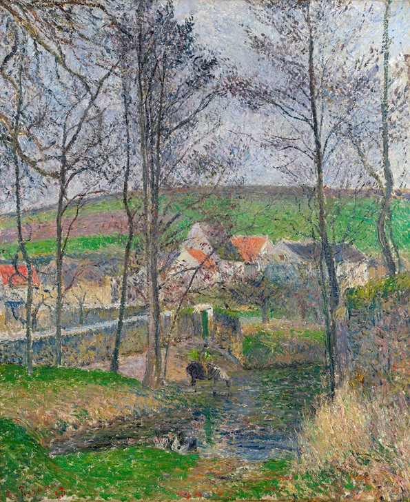 Camille Pissaro, The banks of the Viosne at Osny in grey weather, 1883 (Jahreszeiten,Sommer,Wasser,Wolke,Impressionismus,Fluss,Baum,Poesie,Feld,Beleuchtung,Natur)