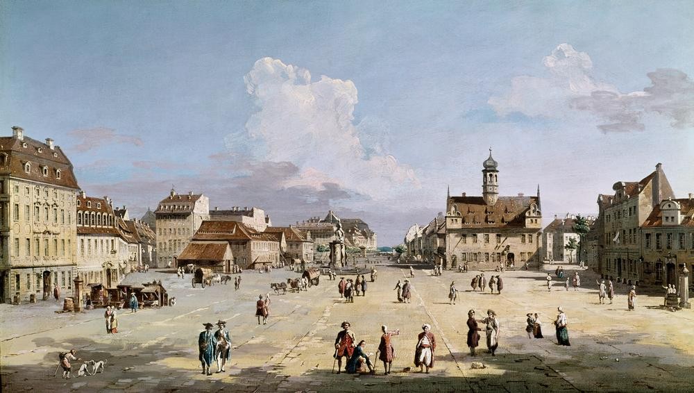 Bernardo Bellotto, Der Neustädter Markt in Dresden (Dresden, Marktplatz, Städte, Alltagsszene, historisch, Rokoko, Malerei, Wohnzimmer, Wunschgröße, Klassiker, bunt)