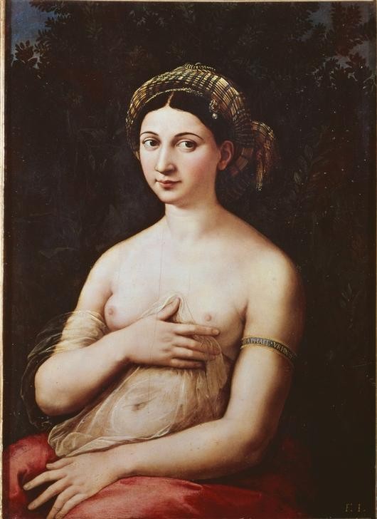 Raffael, La Fornarina (Frau,Kunst,Mensch,Schönheit,Renaissance,Akt,Busen,Turban,Geliebte,Portrait,Armreif,Künstlerfrau,Italienische Kunst,Halbakt,Transparenz,Sitzen,Junge Frau,Hochrenaissance,Kopftuch)