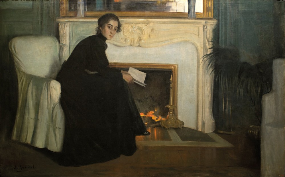Santiago RusiÑol I Prats, Romantischer Roman (Buch,Frau,Kunst,Literatur,Portrait,Lesen (Allgemein),Interieur,Spanische Kunst,Genre,Fin De Siecle,Innenansicht,Katalanische Kunst,Leserin,Romantik,Sitzen,Ganzfigurig,Westeuropäische Kunst,Kamin,Schwarzes Kleid)