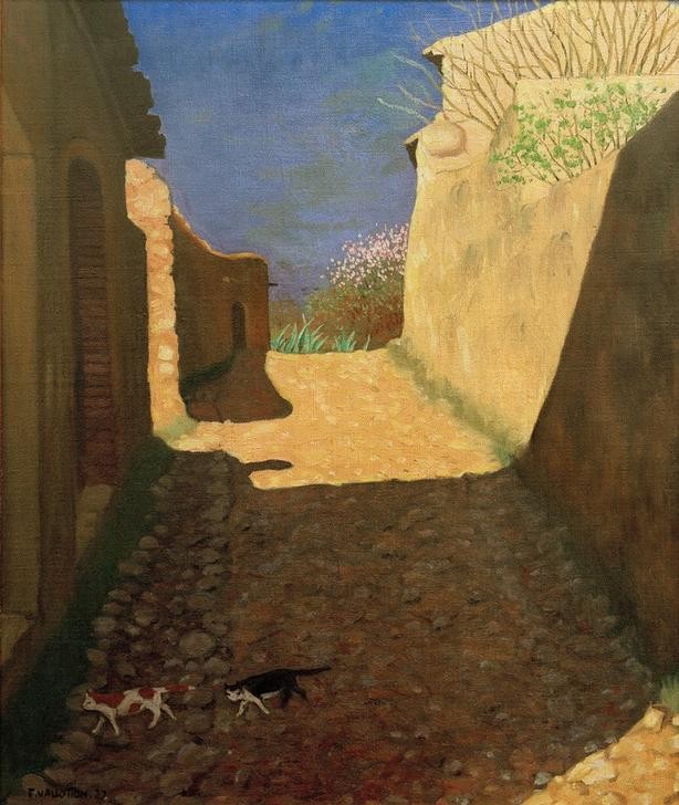 Felix Vallotton, La rue ensoleillée (Dorfstrasse,Dorf,Katze (Tier),Kunst,Architekturdarstellung,Schweizerische Kunst,Haustier,Tierleben,Sonnenlicht,Tier,Sonnenschein,Menschenleere)