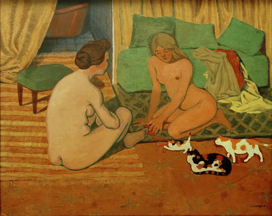 Felix Vallotton, Femmes nues aux chats (Frau,Spiel,Akt,Interieur,Tierliebe,Sofa,Schweizerische Kunst,Haustier,Tierleben,Frau Und Tier,Haarknoten,Frauenleben,Tier,Sitzen,Jungtier,Junge Frau)